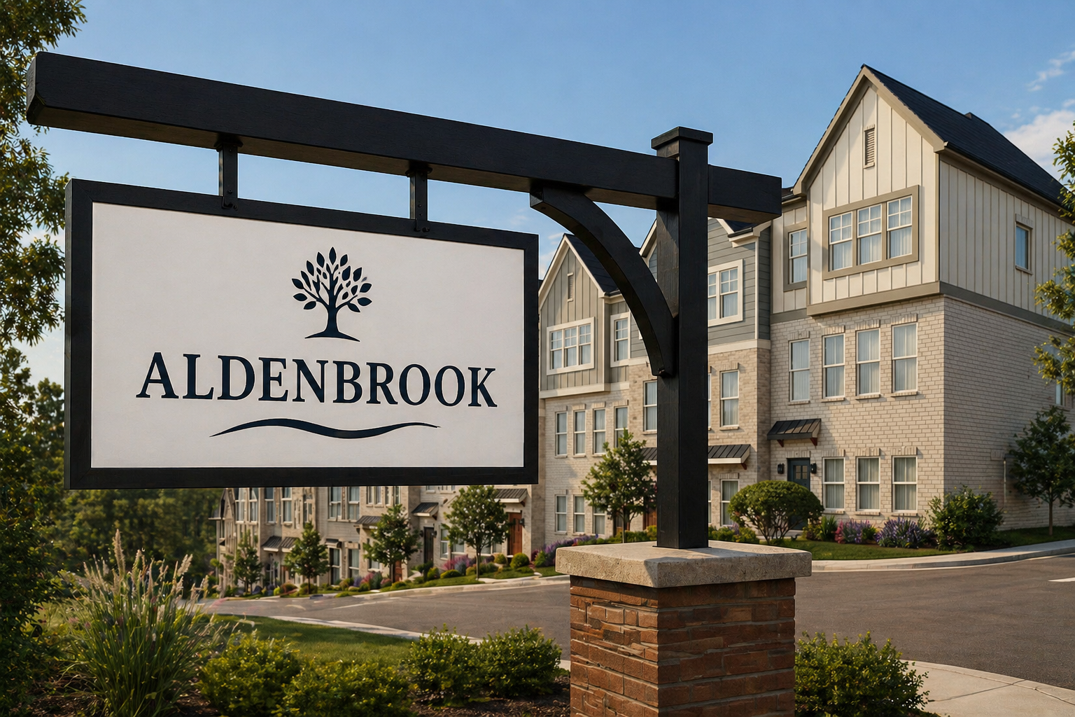 Aldenbrook community entrance sign with luxury townhomes